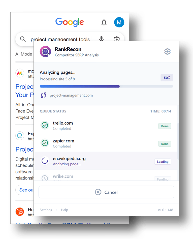 RankRecon free competitor analysis Chrome and Firefox extension screenshot