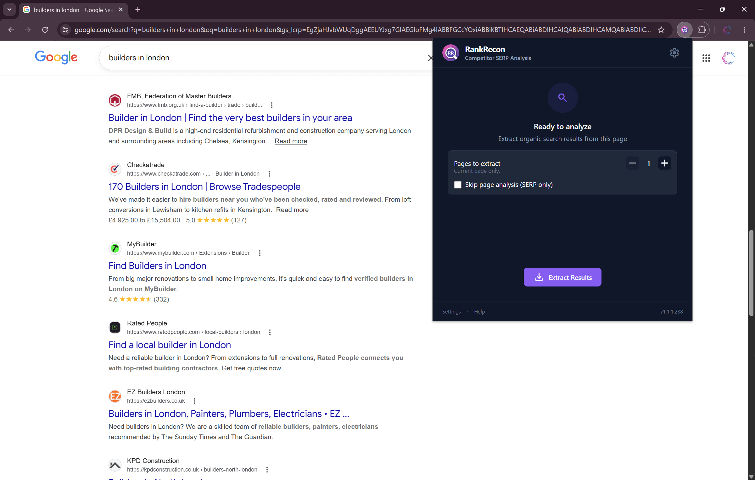 RankRecon icon in the Chrome toolbar above a Google search results page