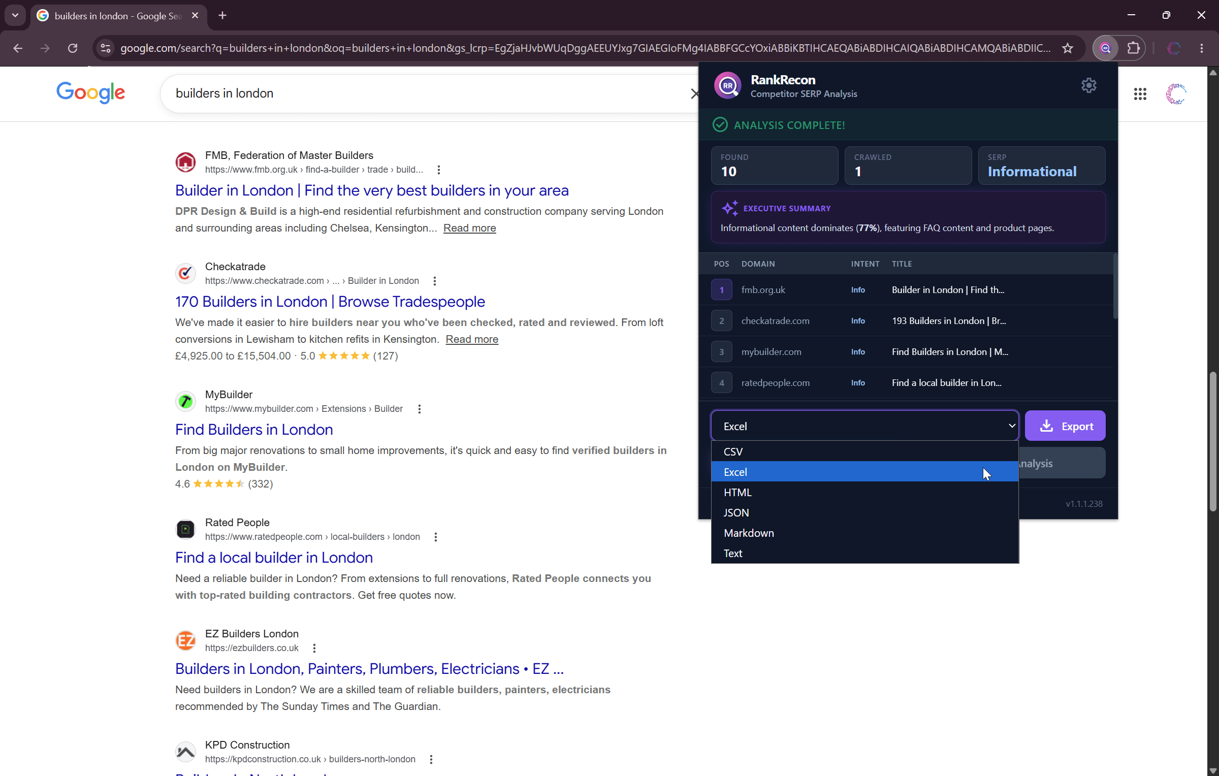 RankRecon export menu showing CSV, Excel, JSON, Markdown, HTML and Plain Text options