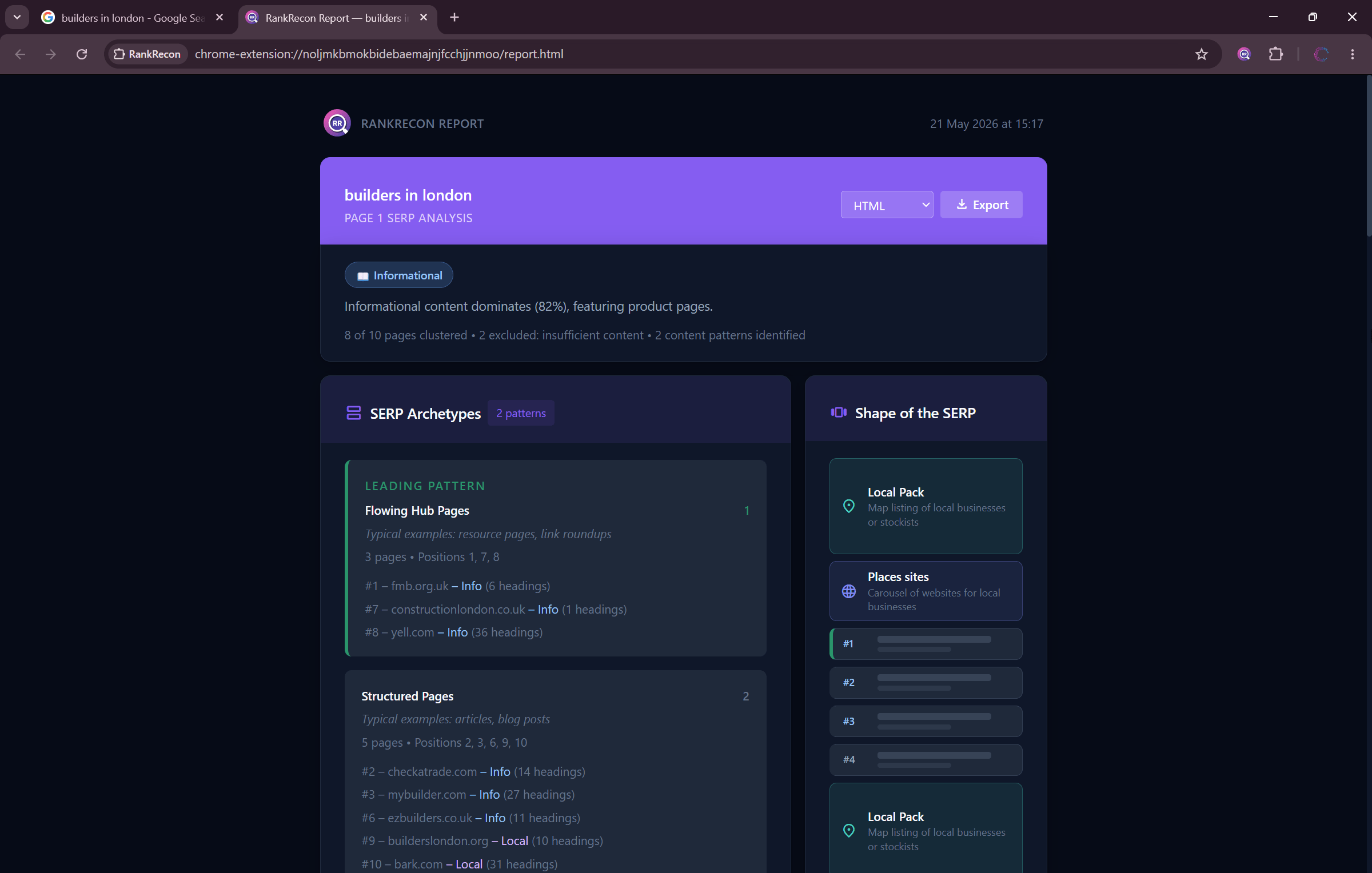 RankRecon Page 1 Analysis report with content archetypes and build checklist