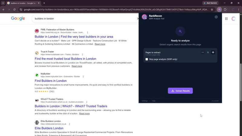 The RankRecon browser extension panel open over a Google search results page