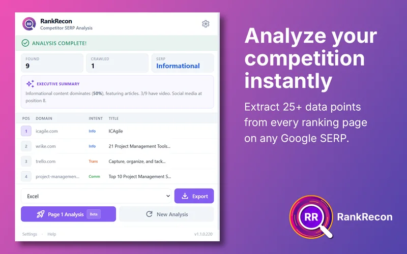 RankRecon panel showing a completed competitor SERP analysis, beside the line Analyze your competition instantly
