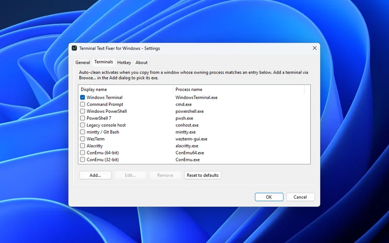 The Terminal Text Fixer for Windows settings window on a Windows 11 desktop, listing the terminals it auto-cleans from