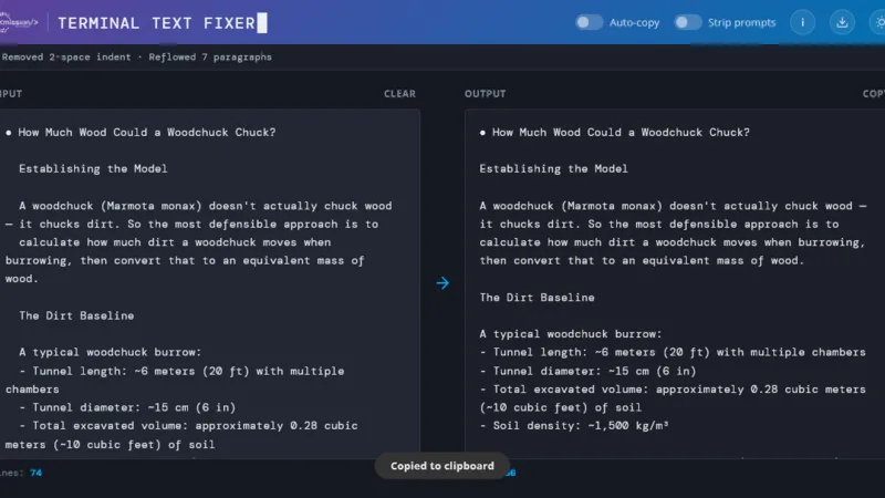 Terminal Text Fixer showing messy terminal output on the left and cleaned-up text on the right