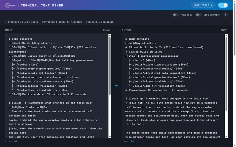 Terminal Text Fixer in dark mode with pasted terminal output full of escape codes on the left and the cleaned-up text on the right